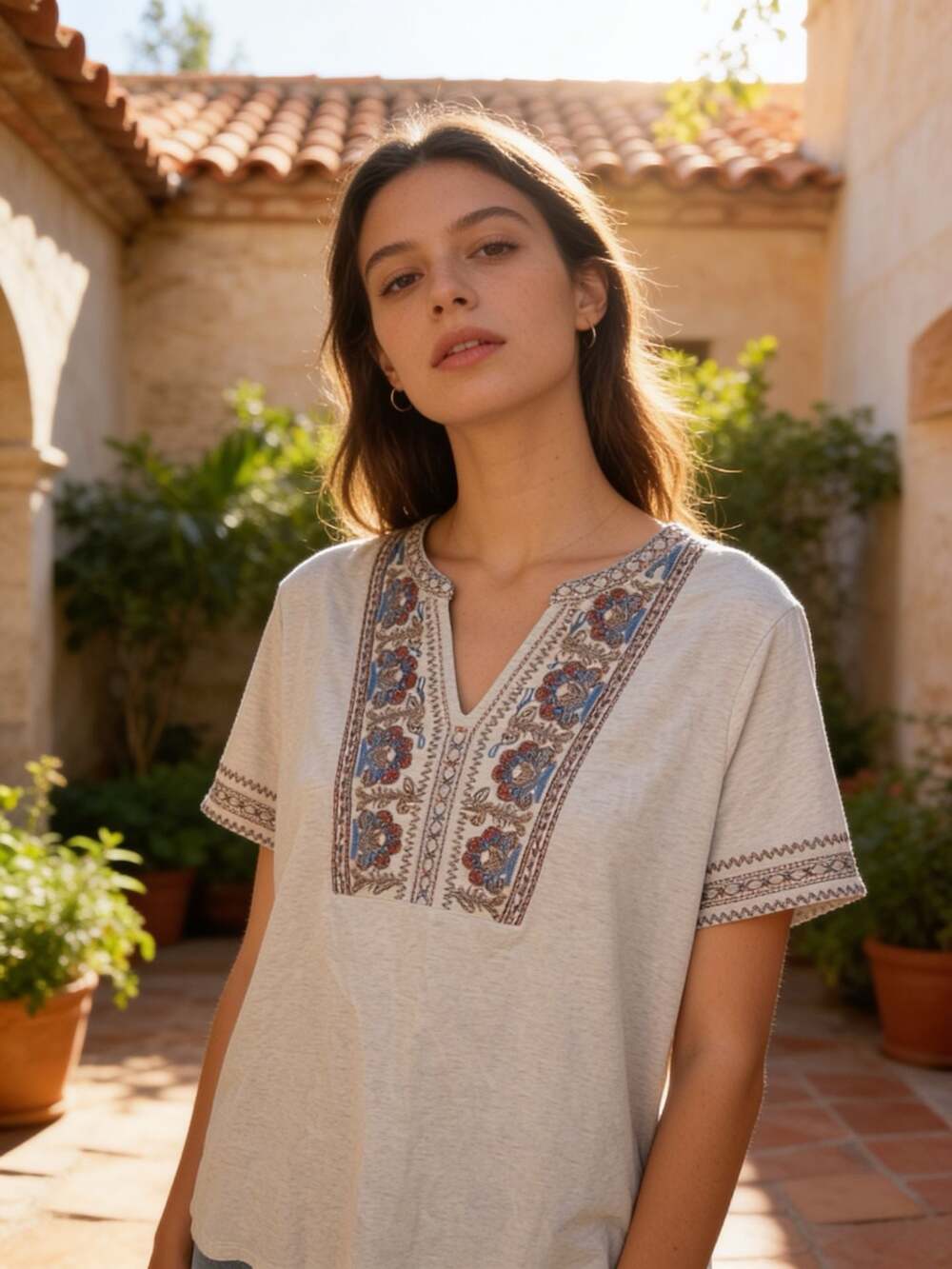Pure Jill Embroidered Tee Oatmeal Multi Split Neck 100% Cotton Short Sleeve 2X